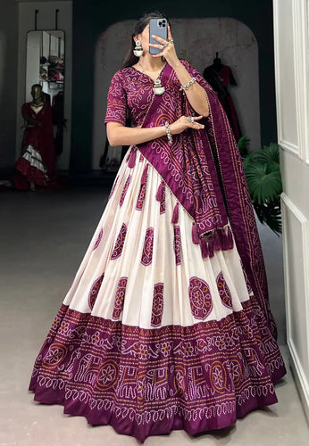 Tussar silk Lehenga bandhej print in wine