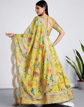 Mustard yellow organza digital printed lehenga