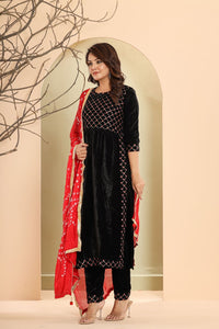 Winter collection - velvet salwaar kameez with red bandhani dupatta