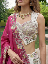 White and rani pink chiffon embroidered Lehenga