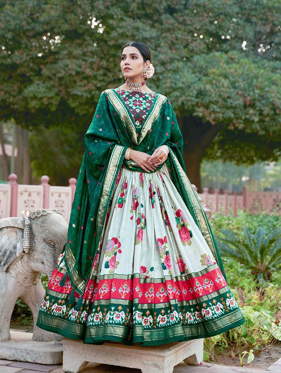 Tussar silk floral and patola print Lehenga in green