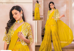 Yellow sharara saree with a short jacket