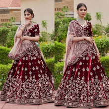 Maroon velvet embroidered Lehenga