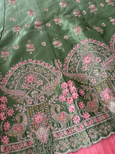 Royal embroidered ombre lehenga set in sage green and blush pink