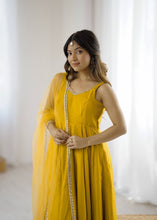 Roman chanderi silk anarkali set in yellow (sleeves available)