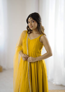 Roman chanderi silk anarkali set in yellow (sleeves available)