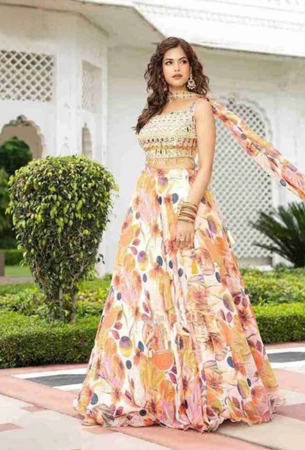 Pastel Peach floral mirror work Lehenga