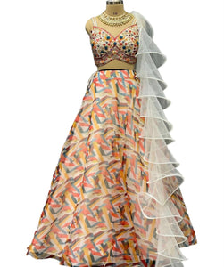 Boutique collection - white and multicoloured floral Lehenga with ruffle dupatta