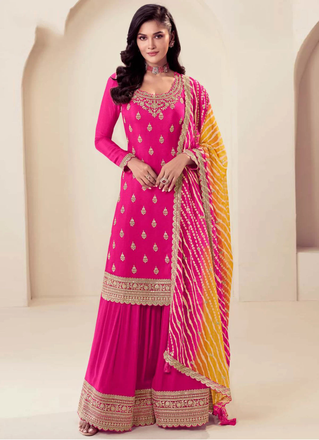 Embroidered chinon work palazzo suit in fuchsia pink