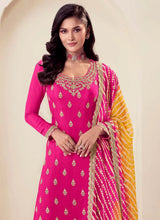 Embroidered chinon work palazzo suit in fuchsia pink