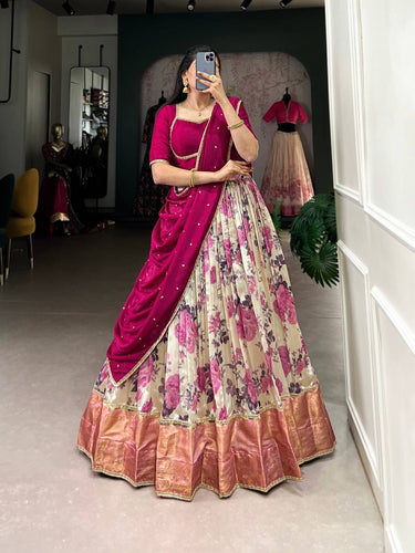 Dola silk readymade floral print Lehenga in pink