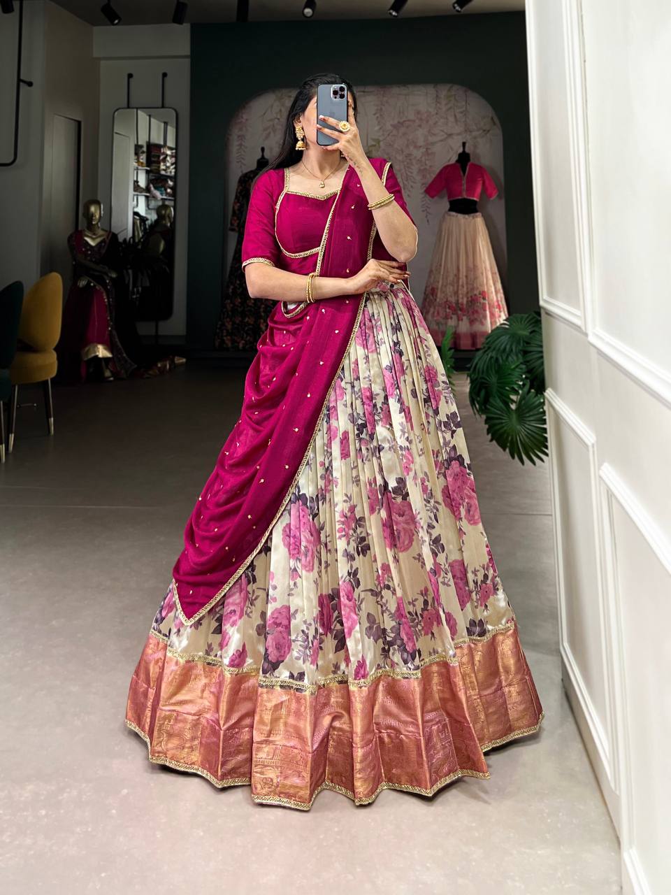 Dola silk readymade floral print Lehenga in pink