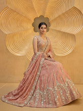 Peachy pink chiffon zari embroidered lehenga