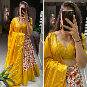 Mustard Dola silk and patola print Lehengas