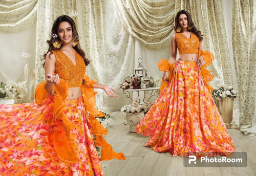 Boutique collection - orange floral Lehenga with ruffle dupatta