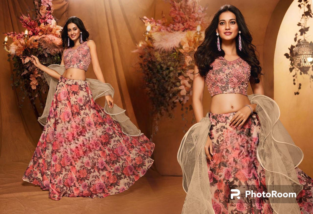 Boutique collection - brown and pink Lehenga with ruffle dupatta
