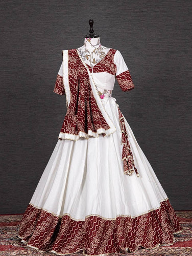 Bandhani and foil printed readymade chaniya choli in maroon/red