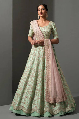 Pistachio green floral mulberry silk Lehenga