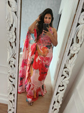 Multicoloured flowy divider pre draped saree readymade with ruffle edge (UK Size 10-14)