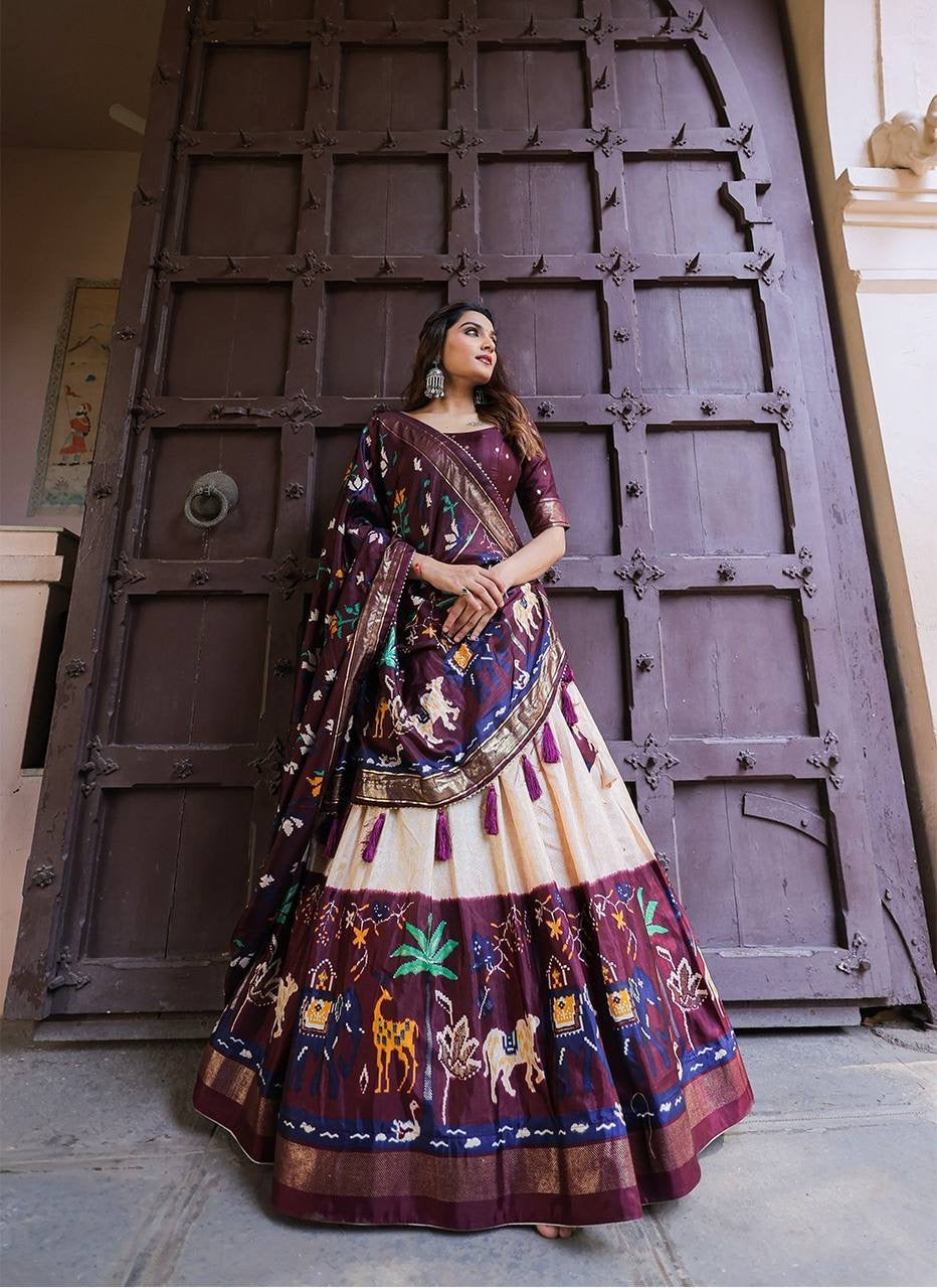 Wine and white dola silk Lehenga