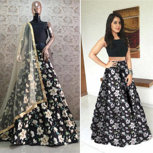 Black Digital floral zari satin printed Lehengas (skirt stitched) - Petite