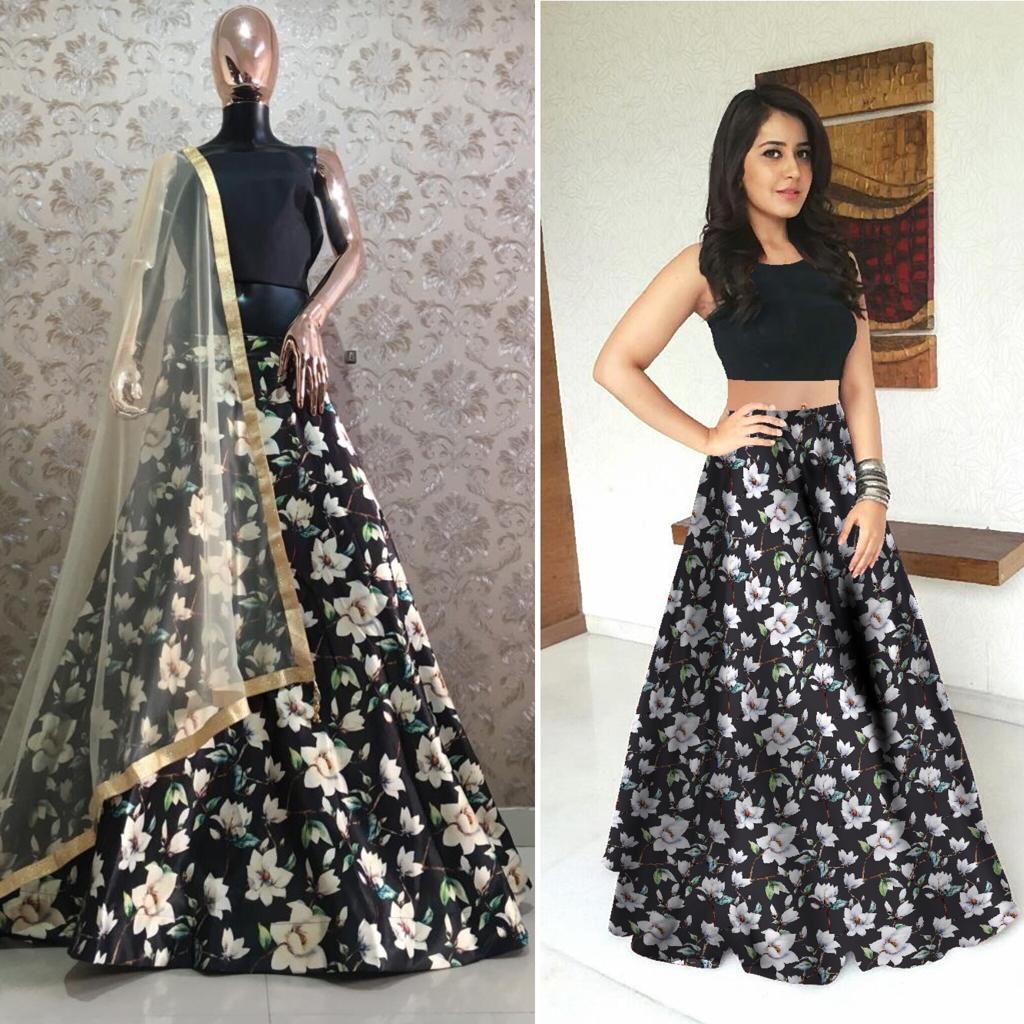 Black Digital floral zari satin printed Lehengas (skirt stitched) - Petite