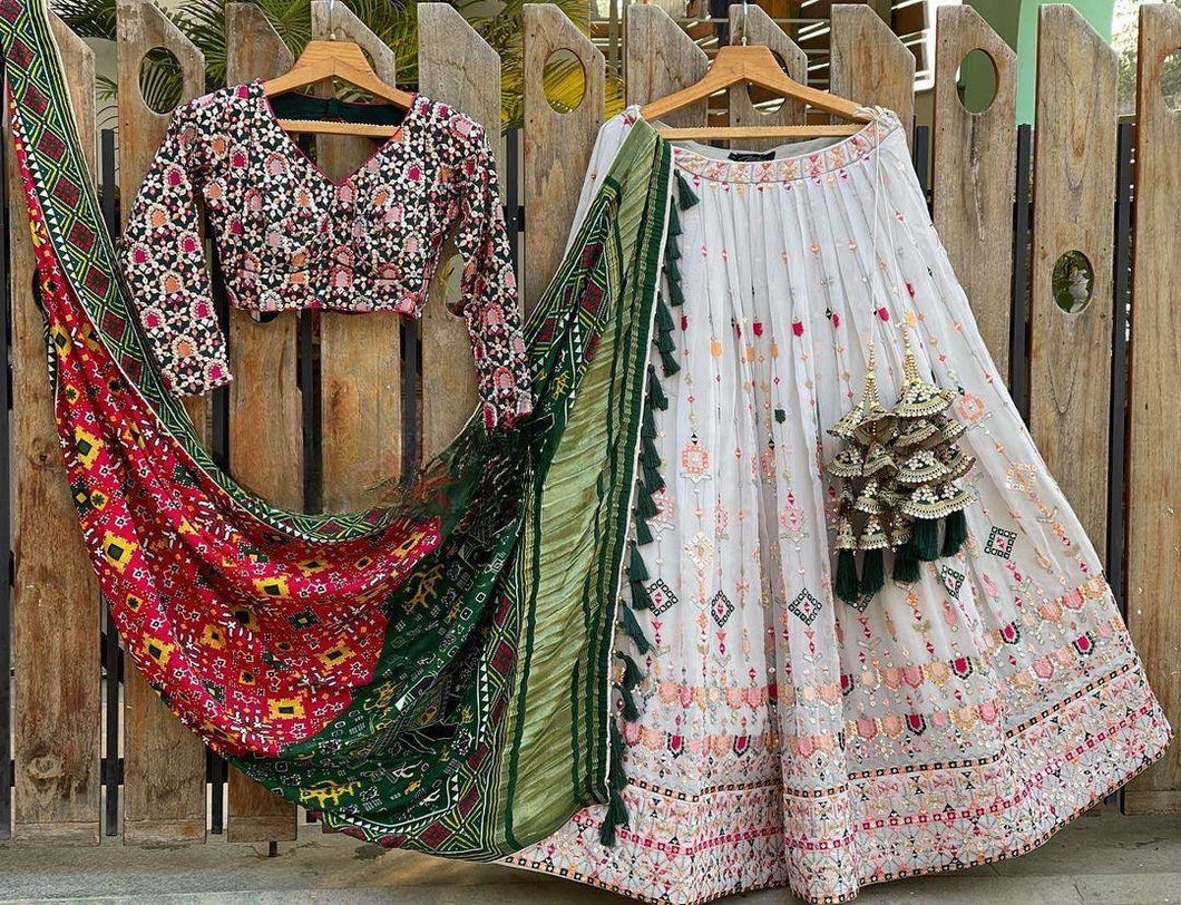 Colourful thread work white Lehenga