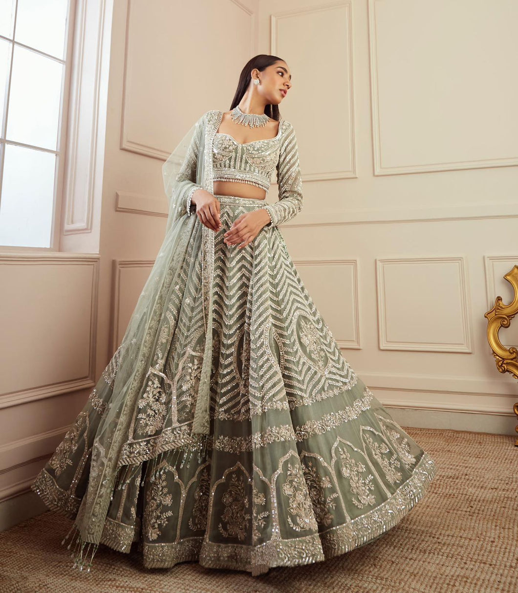 Sage green sequins Lehenga