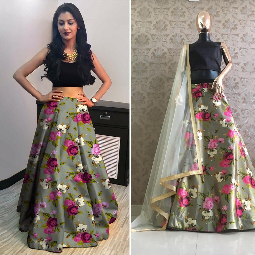 Indo western - garden floral digital satin Lehenga