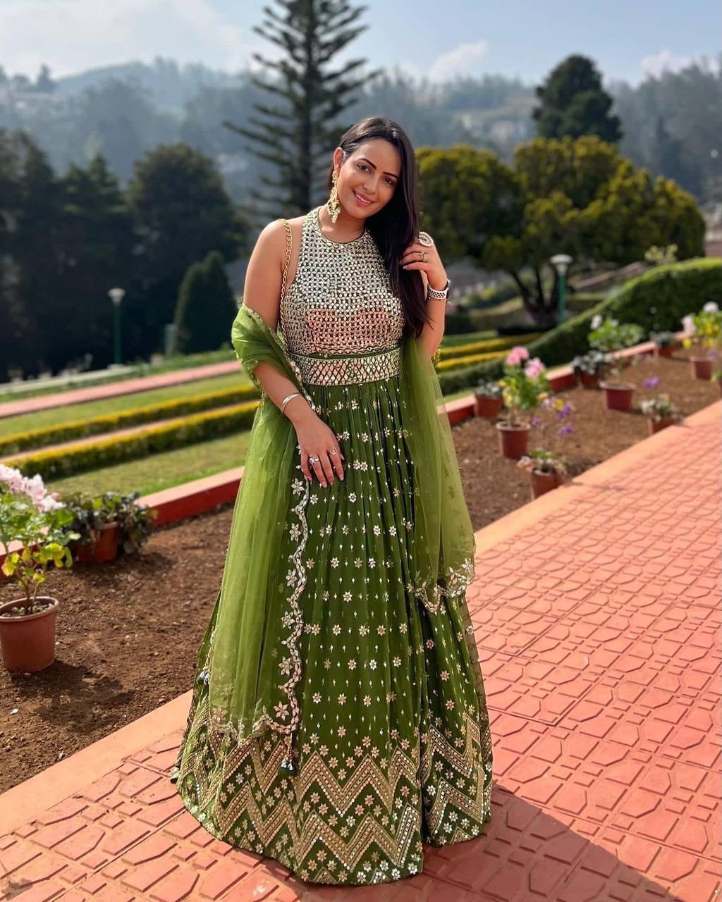 Leaf green and silver sequins Lehenga