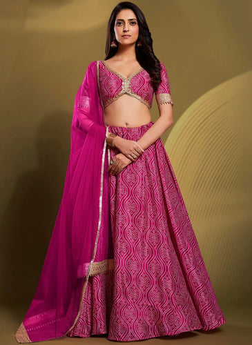 Flowy printed crepe silk pink bandhani Lehenga