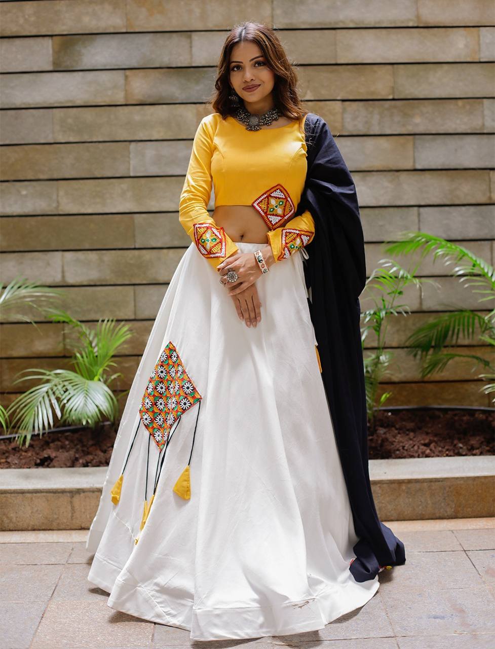 White and yellow pure cotton Lehenga - readymade