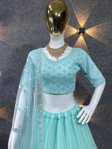 Simple cyan embroidered Lehenga