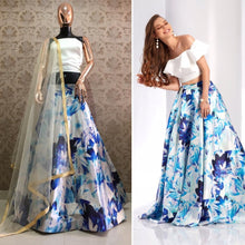 Indo western - White and blue floral digital satin Lehenga