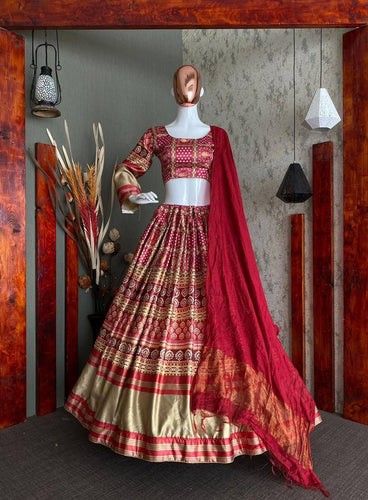 Digital bandhani print lehengas in deep red