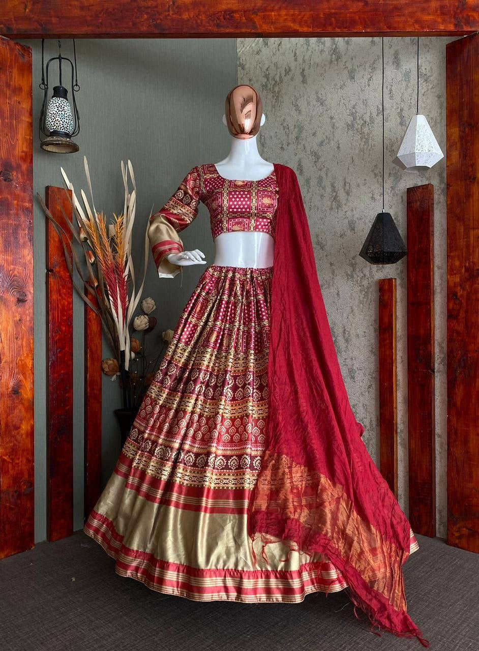 Digital bandhani print lehengas in deep red