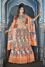 Orange and blue crushed chinnon Lehenga