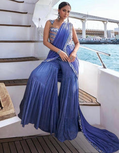 Sharara style saree with embellished blouse readymade in Azure blue