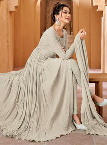 Crushed georgette lucknowi style trouser suit in sea green