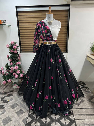 Indo western black and pink floral Lehenga