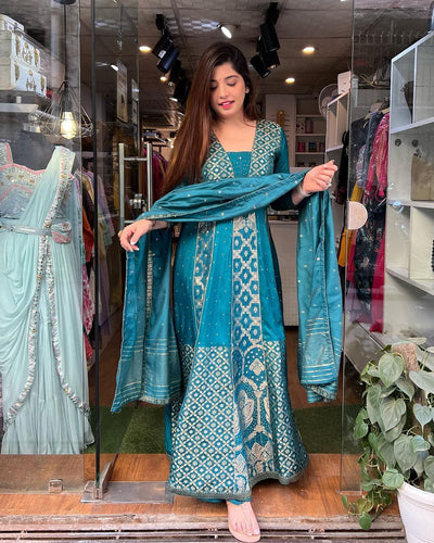 Blue silk panelled anarkali