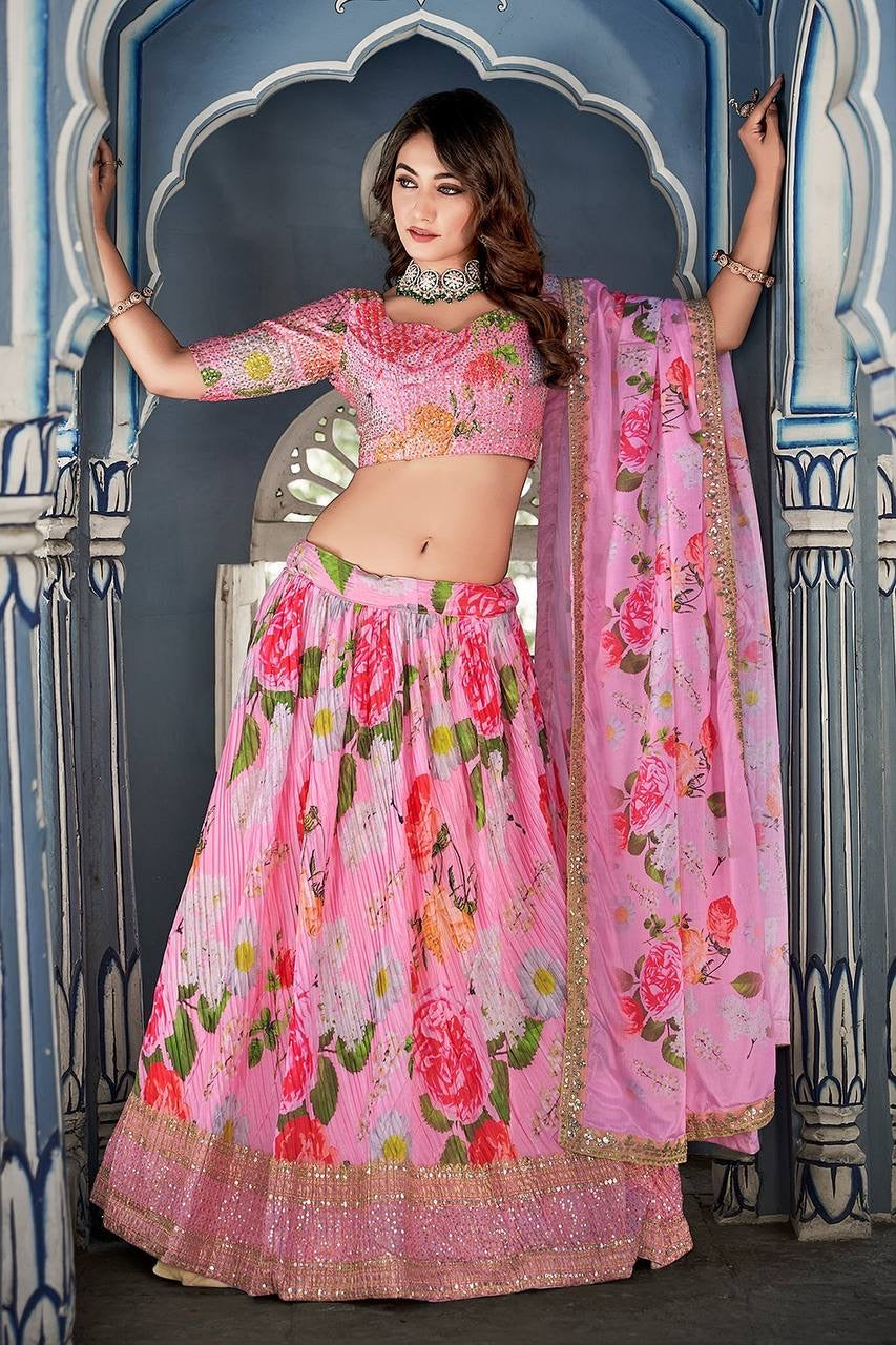 Bridesmaids - pink Chinnon digital print Lehenga