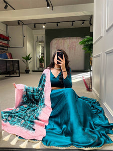 Teal blue Rangoli silk plain Lehenga with chinon dupatta