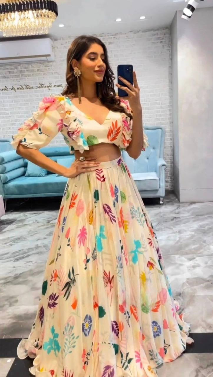 Off white digital print readymade Lehenga