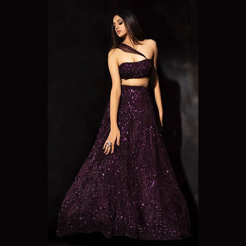 Plum silk sequins Lehenga