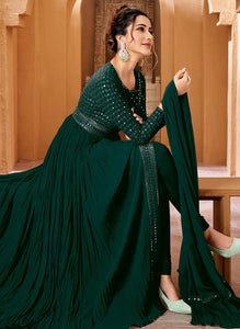 Crushed georgette lucknowi style trouser suit in green