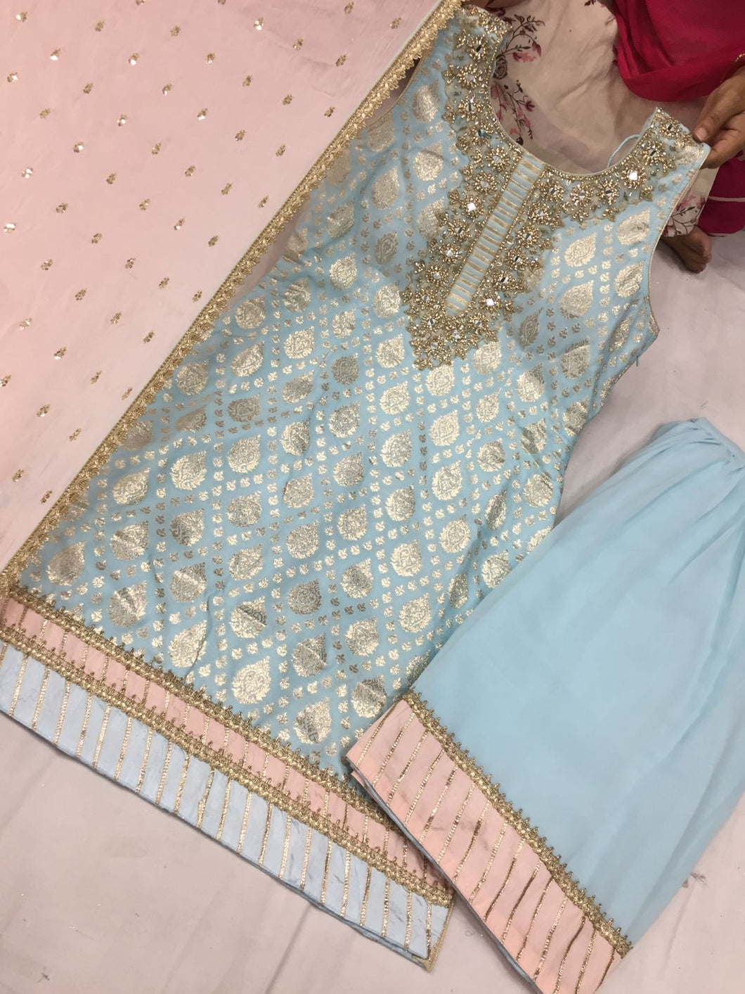 Sky blue brocade silk sharara