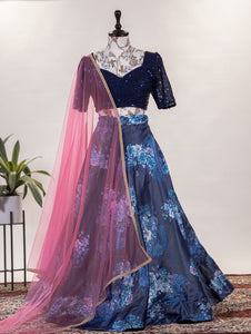 Midnight blue Satin silk floral printed lehengas