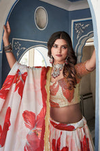 Red daisy crushed chinnon Lehenga