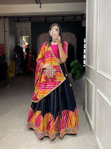 Black and colourful leheriya style pure cotton readymade Lehenga